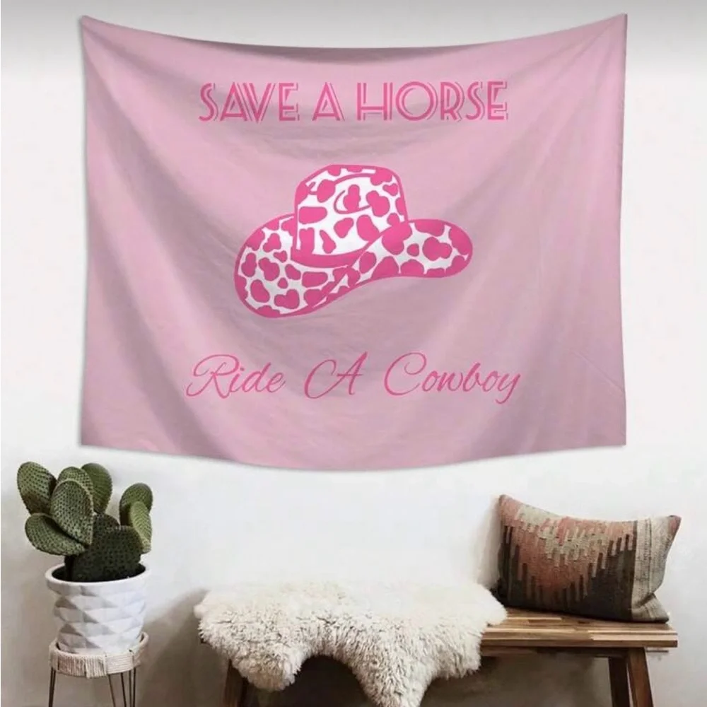 Pink Cow print Cowboy Hat- Save a Horse Ride A Cowboy Wall Tapestry